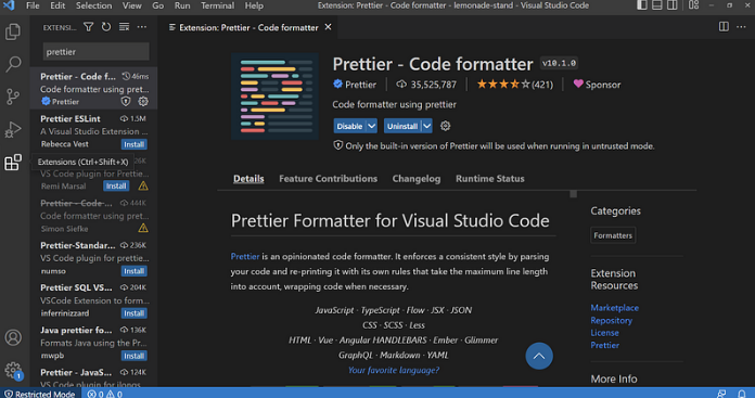 Auto formatting on VS Code using Prettier extension